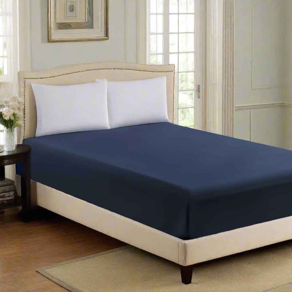 Luxury Extra Deep 40 CM 100% Cotton Fitted Bed Sheets Super King - White Navy