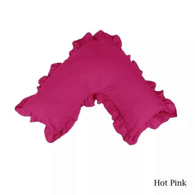 Cotton Polyester V Boomerang Shape Ruffled Pillowcase Hot Pink