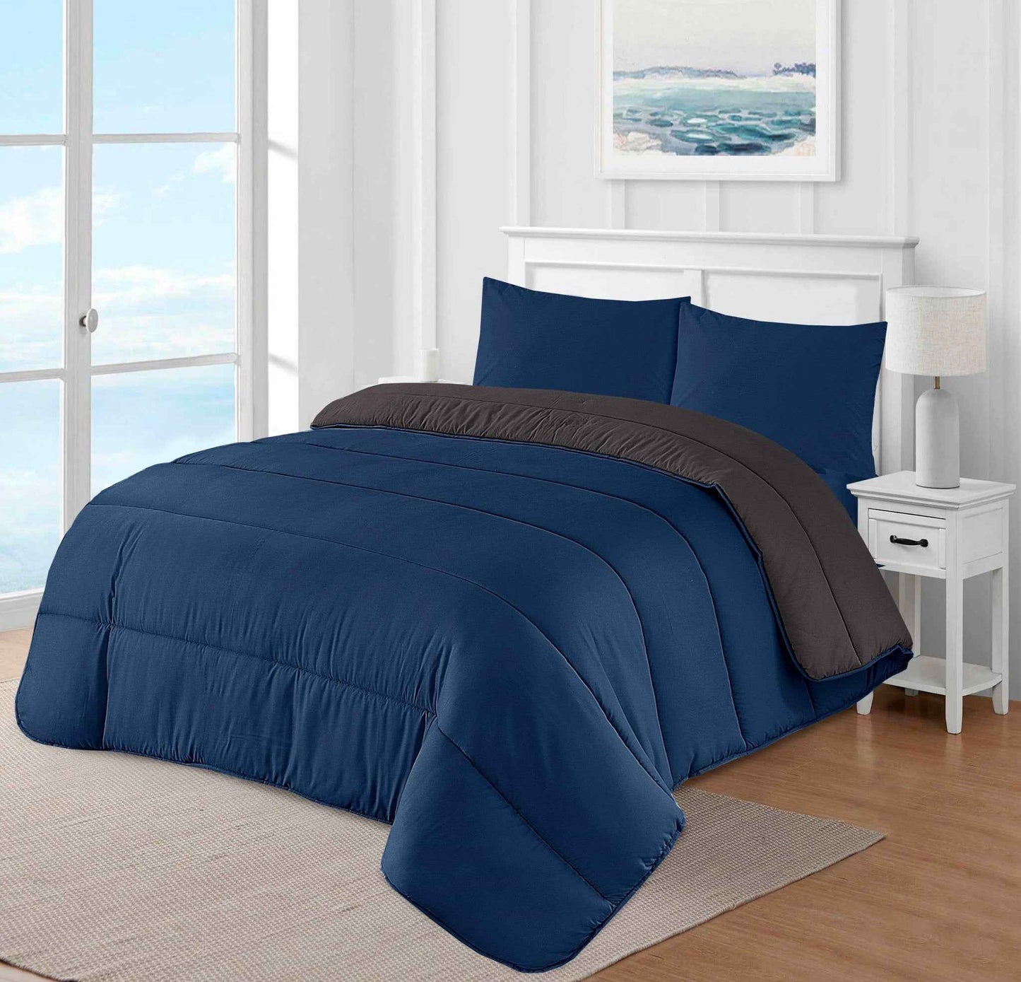 Luxury Navy and Grey Reversible Coverless Best Duvet UK Bedding single double king super king all size 13.5 Tog