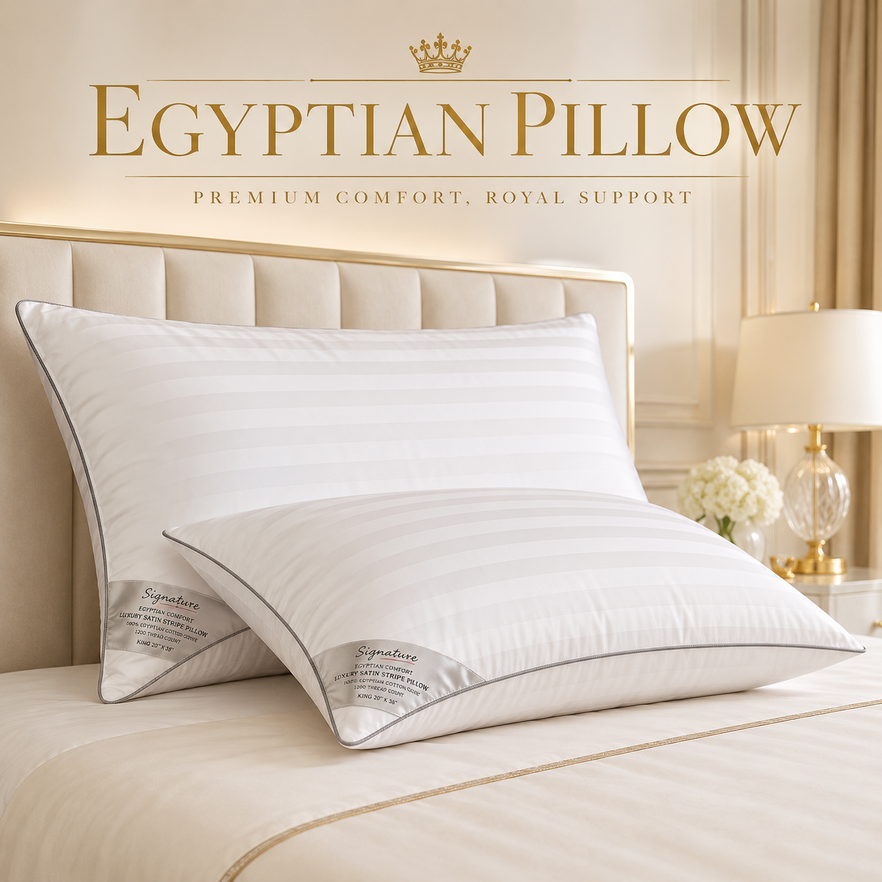 Signature Bedding Egyptian Cotton Broad Stripe Pillow - Luxury Hotel Quality Soft Medium Support for Back & Side Sleepers, Hypoallergenic & Machine Washable