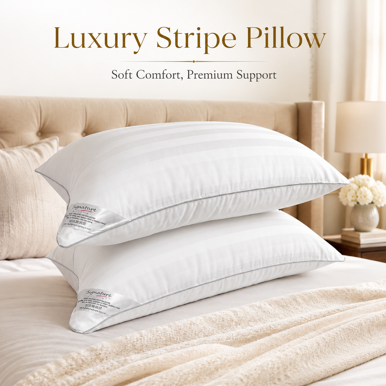Luxury Bed Pillows - Hotel Quality Broad Stripe Soft Support Bounce Back Hollowfiber