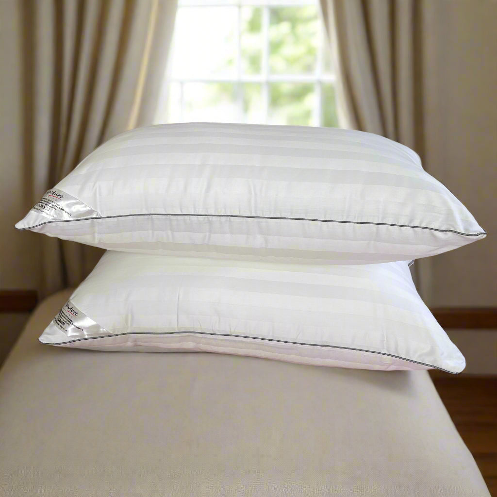 Signature Bedding Egyptian Cotton Broad Stripe Pillow - Luxury Hotel Quality Soft Medium Support for Back & Side Sleepers, Hypoallergenic & Machine Washable